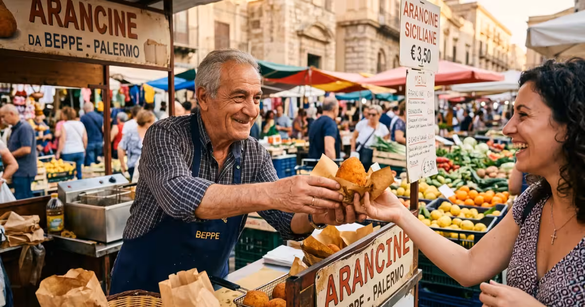 Vendor handing arancina at a busy Palermo street market stall.