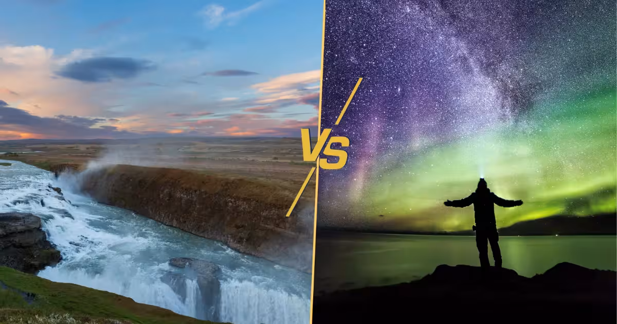 Iceland in summer versus winter — the midnight sun over Gullfoss waterfall and the northern lights above a snowy Icelandic landscape