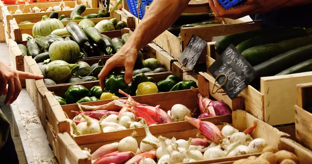 Vibrant covered market stall displaying fresh produce and local specialties in Lyon.