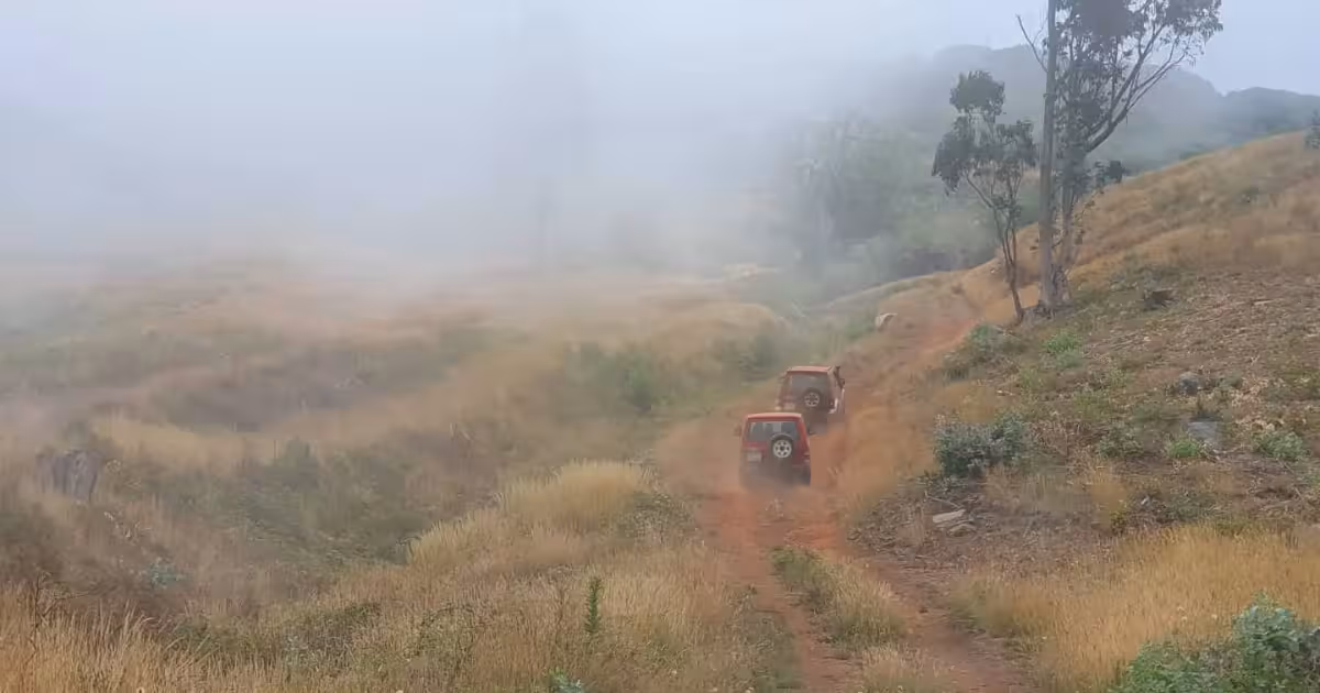 Open-top 4x4 jeep crossing a misty mountain ridge in Madeira Island.