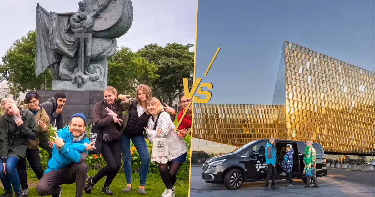 Private driving tour and walking tour in Reykjavík — Hallgrímskirkja church and Harpa Concert Hall on the Icelandic capital's skyline