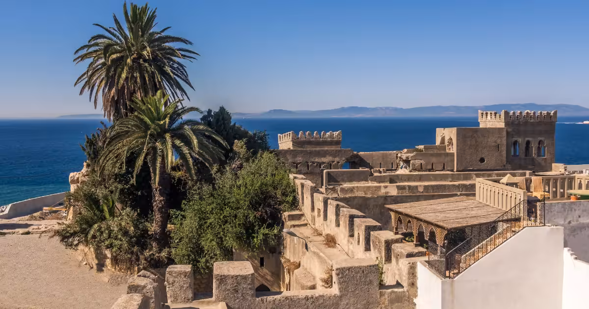 Tangier medina rooftops overlooking the Strait of Gibraltar and Spanish coast.