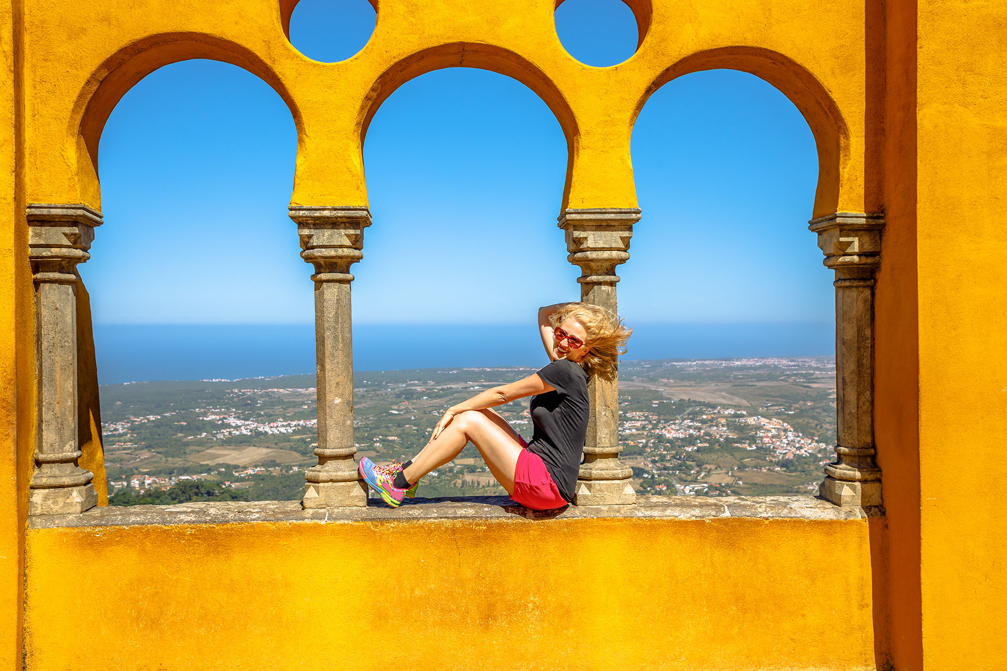 Atlantic coast and Cabo da Roca visible from Pena Palace outer terrace.