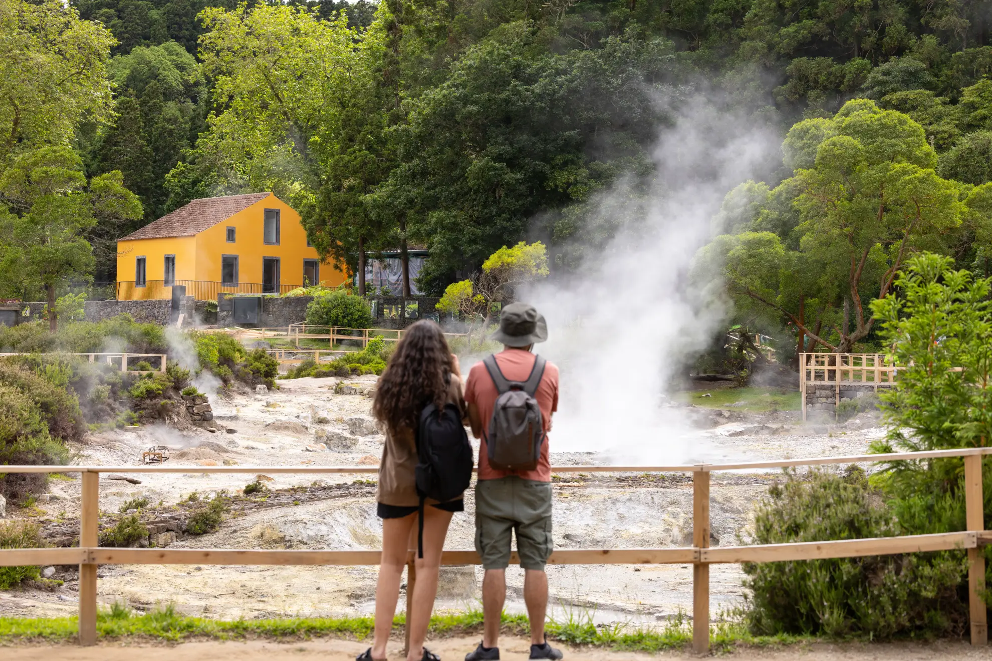 Steam rising from geothermal vents in the Furnas fumarolic field beside Lagoa das Furnas.