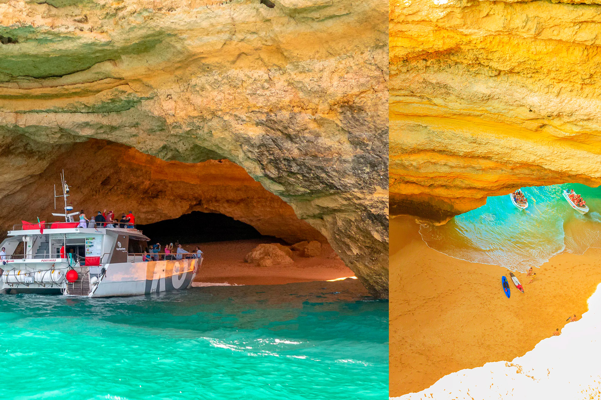 Side-by-side view of Benagil Cave interior from kayak and exterior from boat.