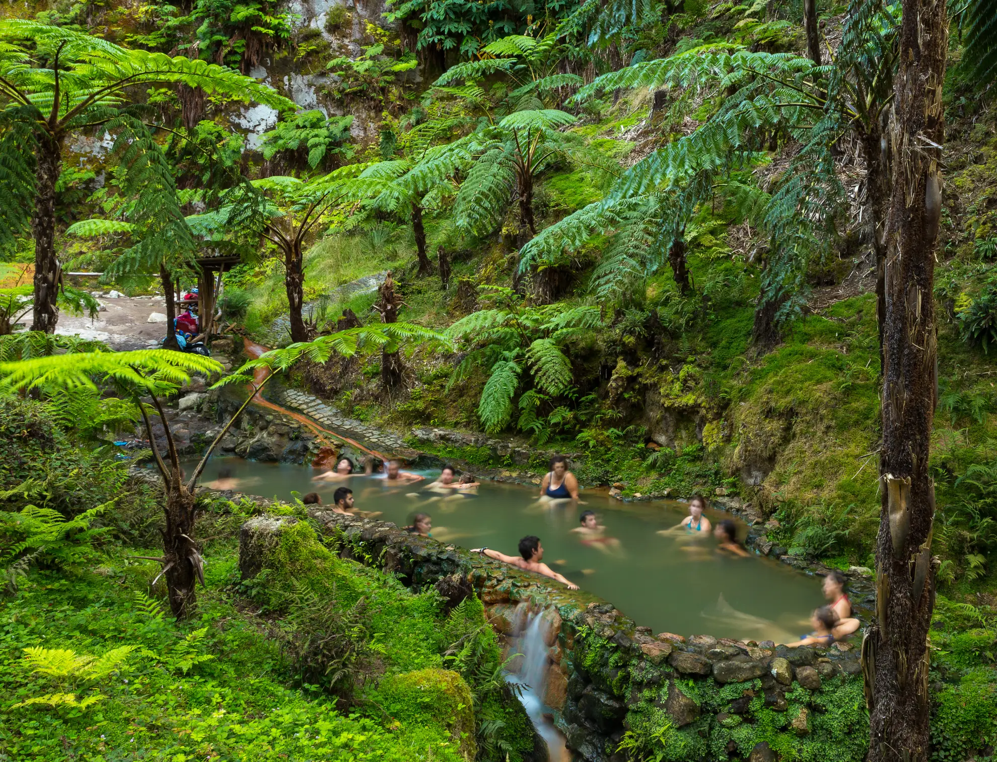 Geothermal waterfall at Caldeira Velha S&atilde;o Miguel surrounded by tropical ferns in winter