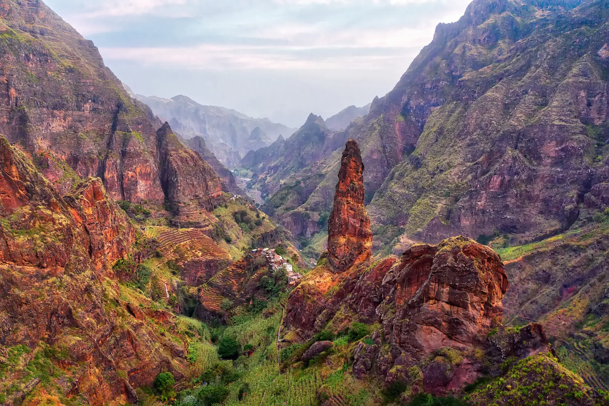 Terraced valley of Ribeira do Paul on Santo Ant&atilde;o island, Cape Verde, from hiking trail.