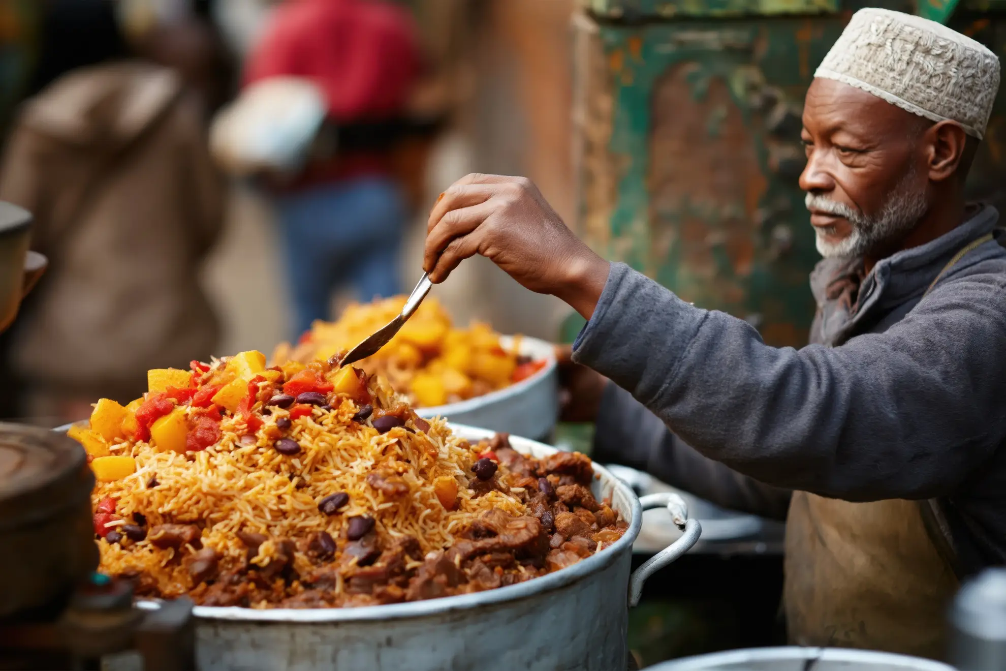 Venditore che serve koshary street food in un vicolo del Cairo islamico.