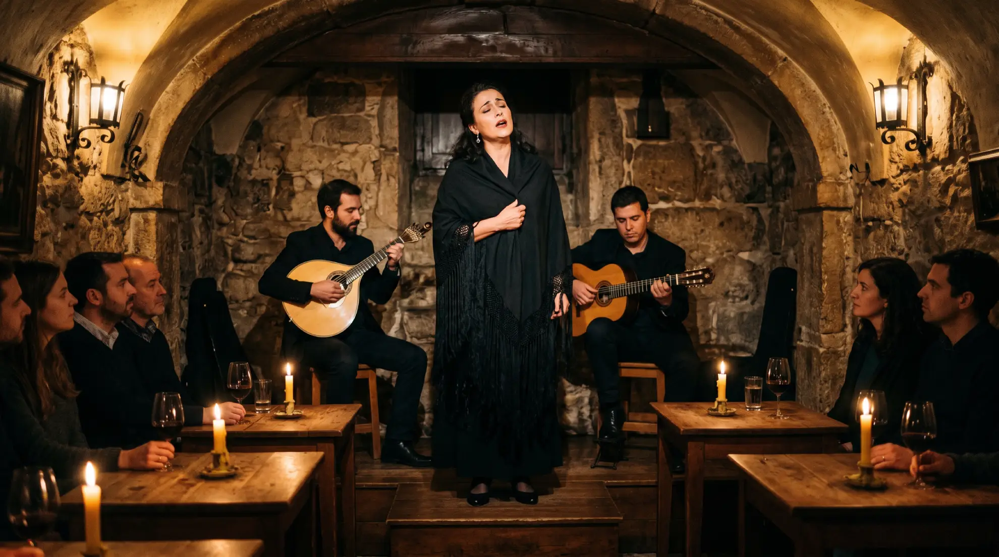 Fadista performing live at an intimate Alfama fado house with dinner audience.