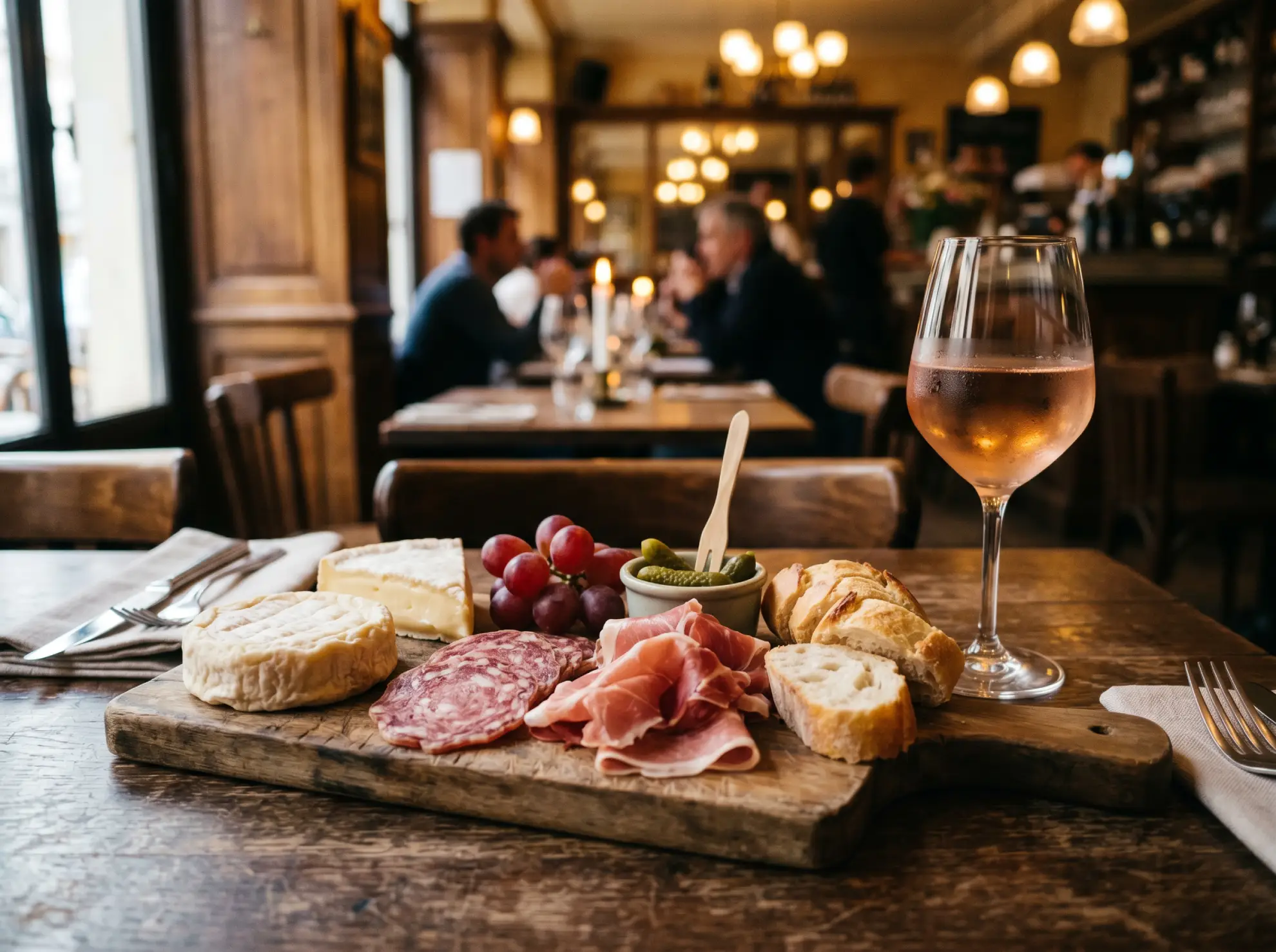 Assortment of Lyon regional cheeses, cured meats, and local ros&eacute; wine.