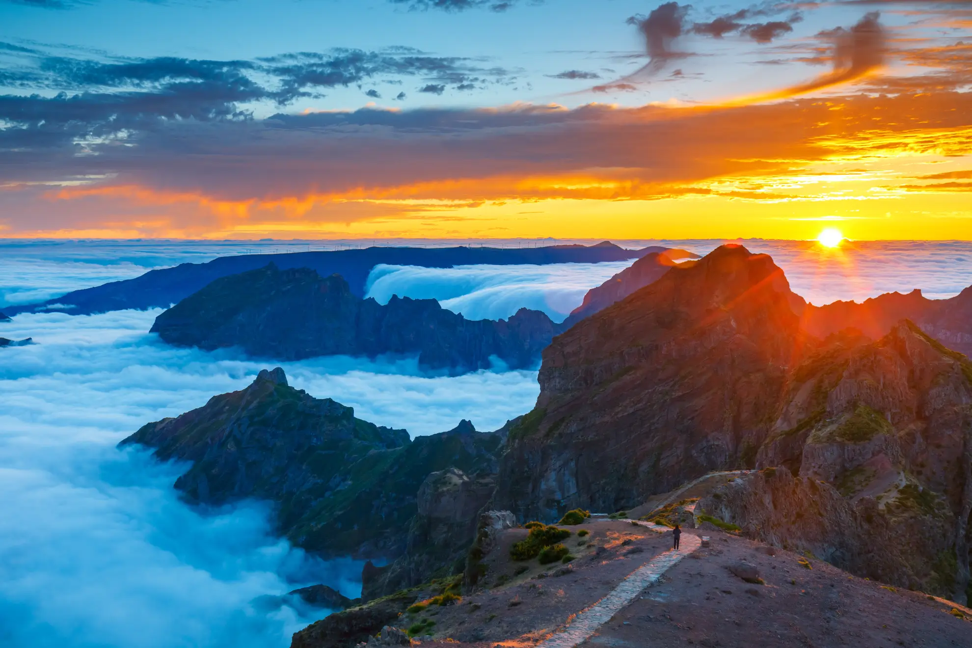 360-degree volcanic ridge view from Torres peak looking toward Pico Ruivo at dawn.