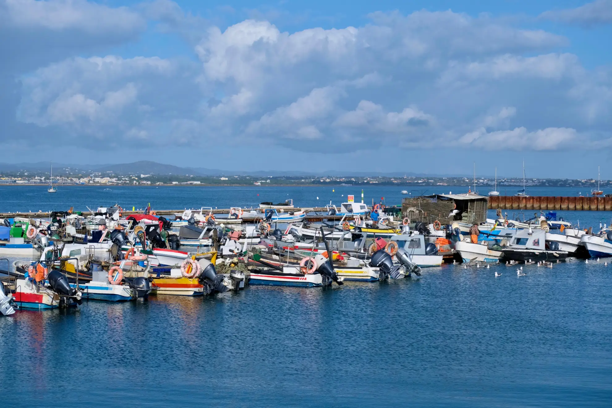 Fishing boats beached at low tide in Culatra Island harbour, Ria Formosa.