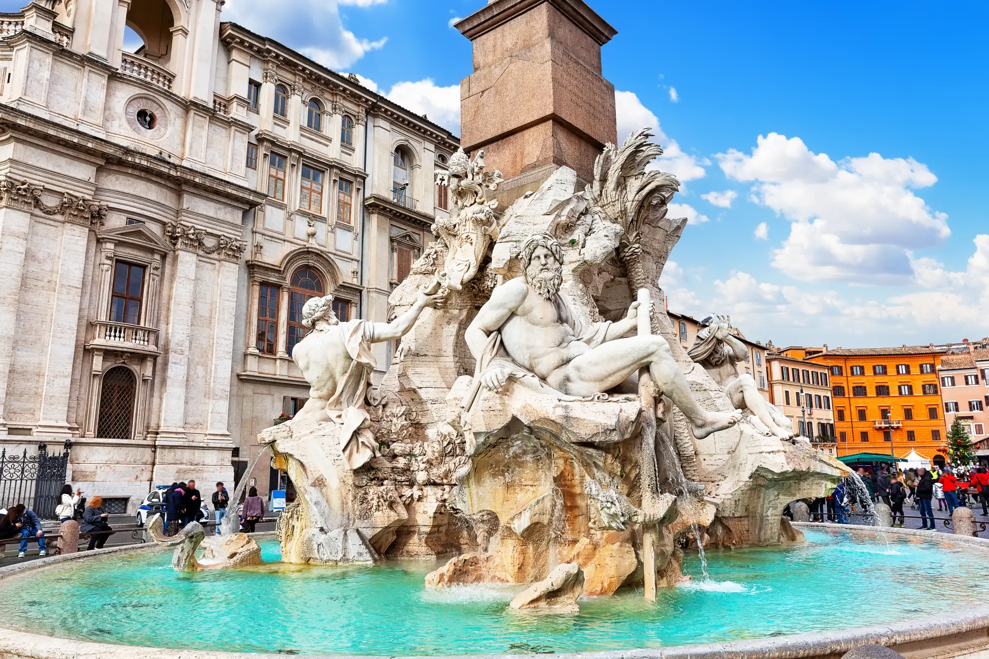 Bernini's Fontana dei Quattro Fiumi in Piazza Navona Rome at early morning.