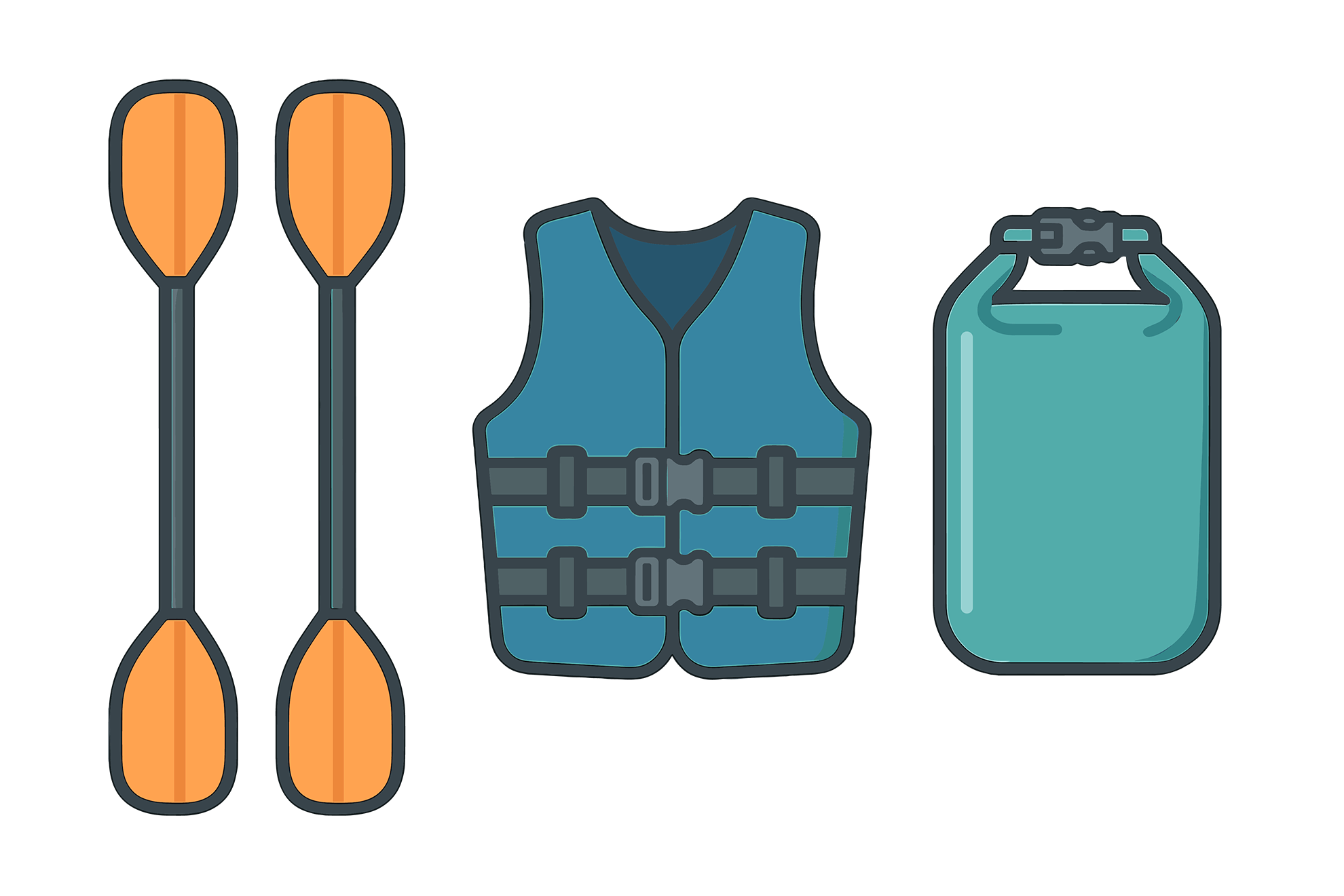 Essential kayak gear laid out including PFD dry bag and sunglasses