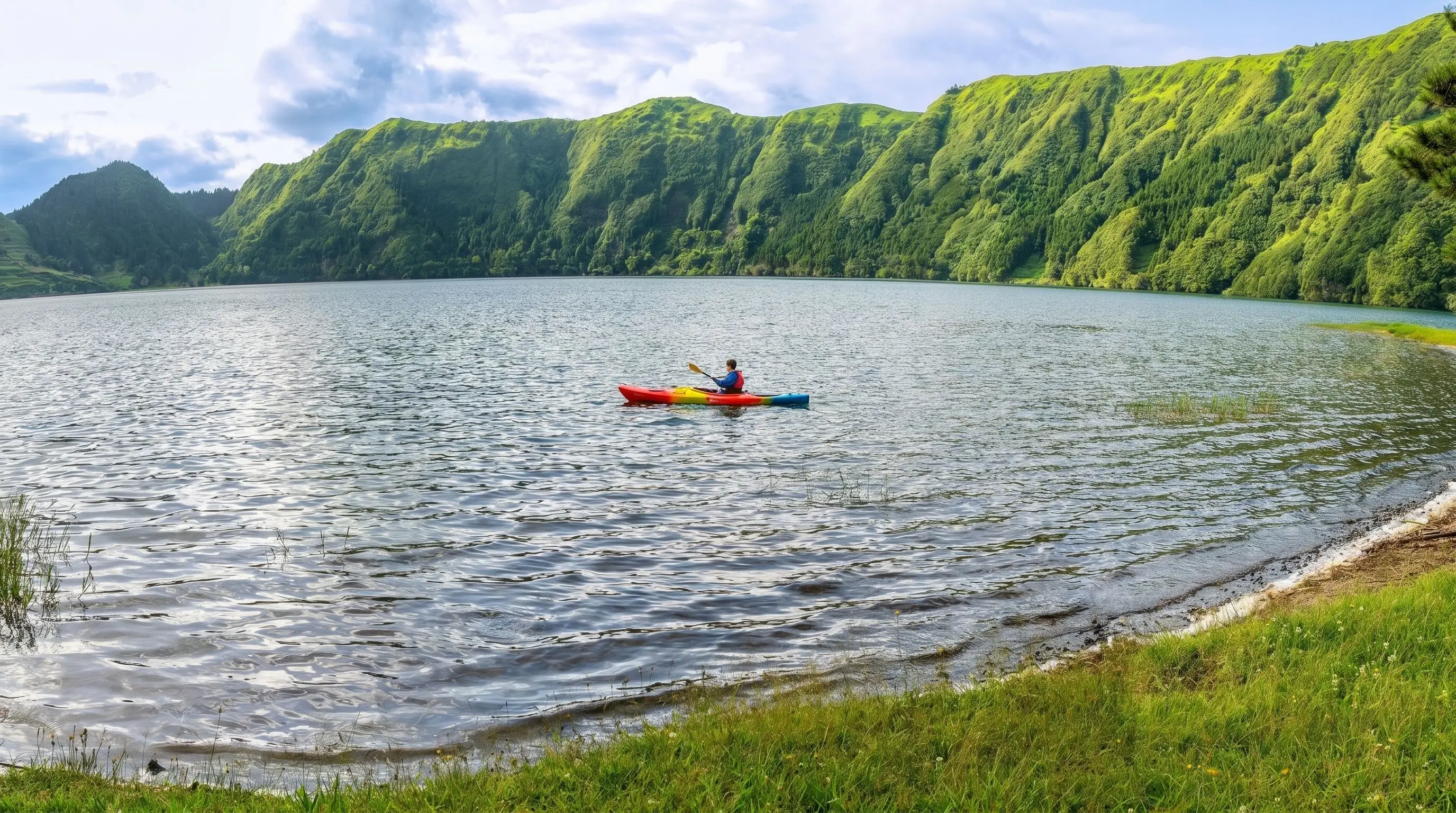 Solo kayaker on Lagoa Azul inside Sete Cidades caldera with volcanic walls