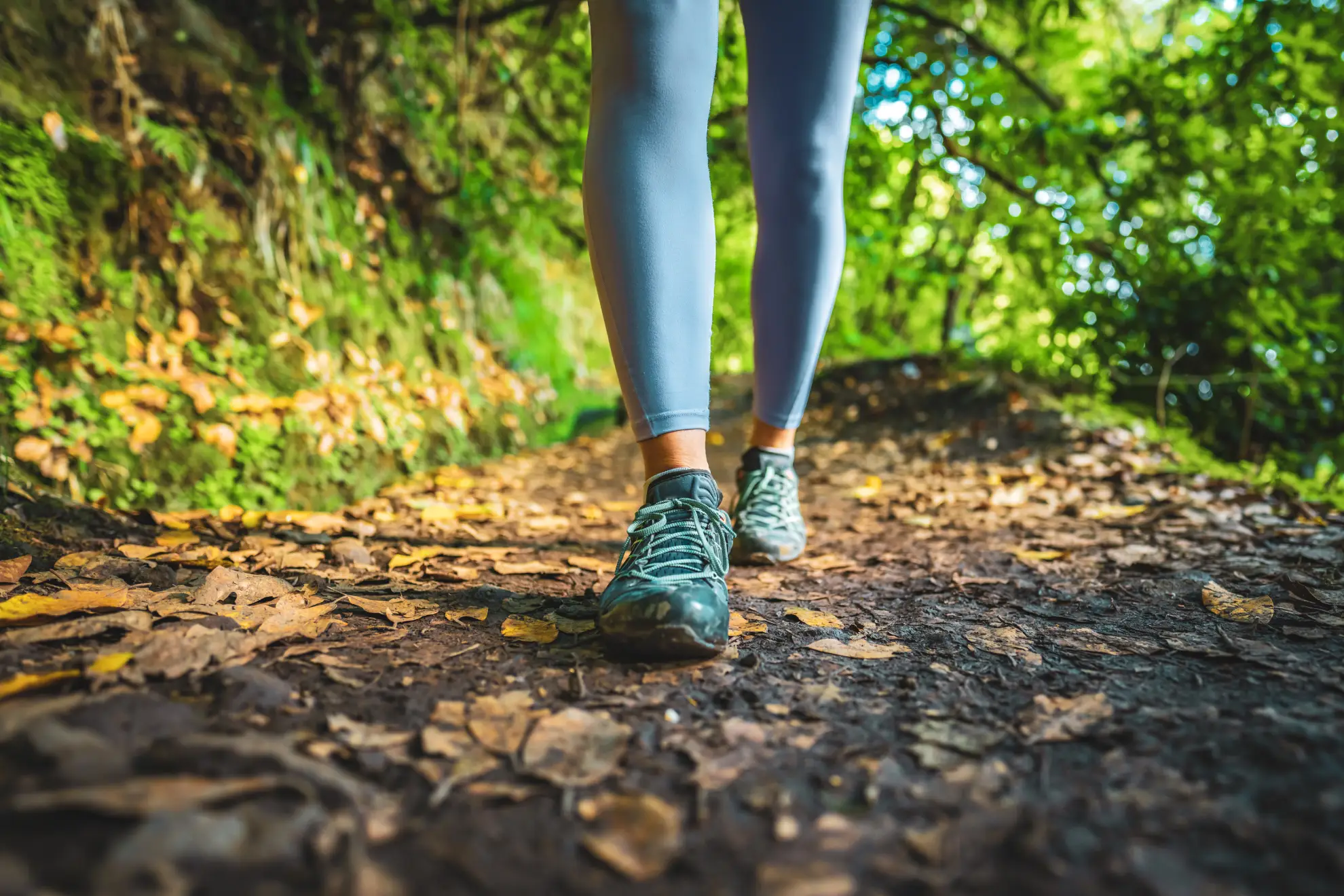 Hiking shoes with rubber soles on wet mossy levada stone path