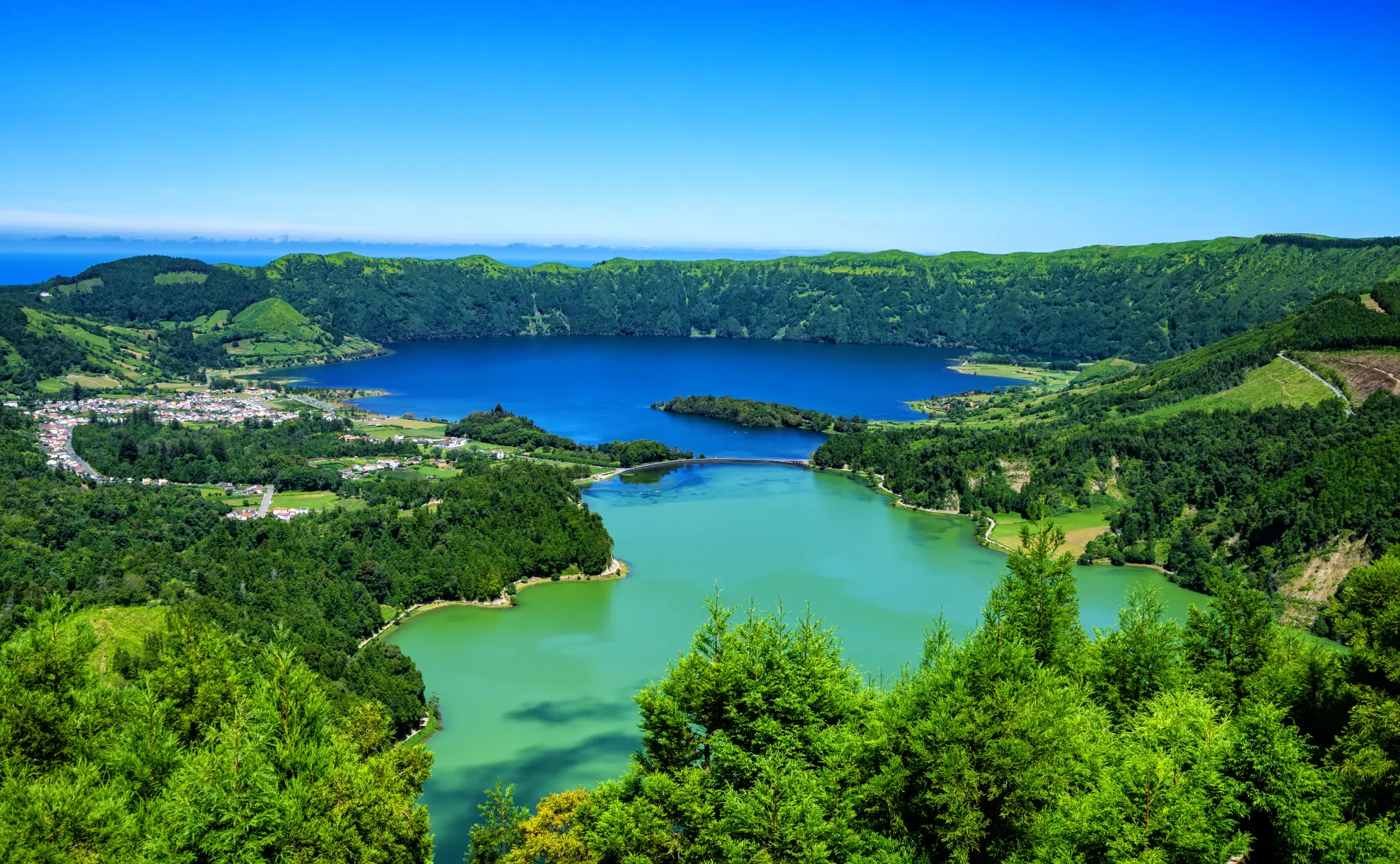 Twin crater lakes of Sete Cidades seen from viewpoint in S&atilde;o Miguel Azores