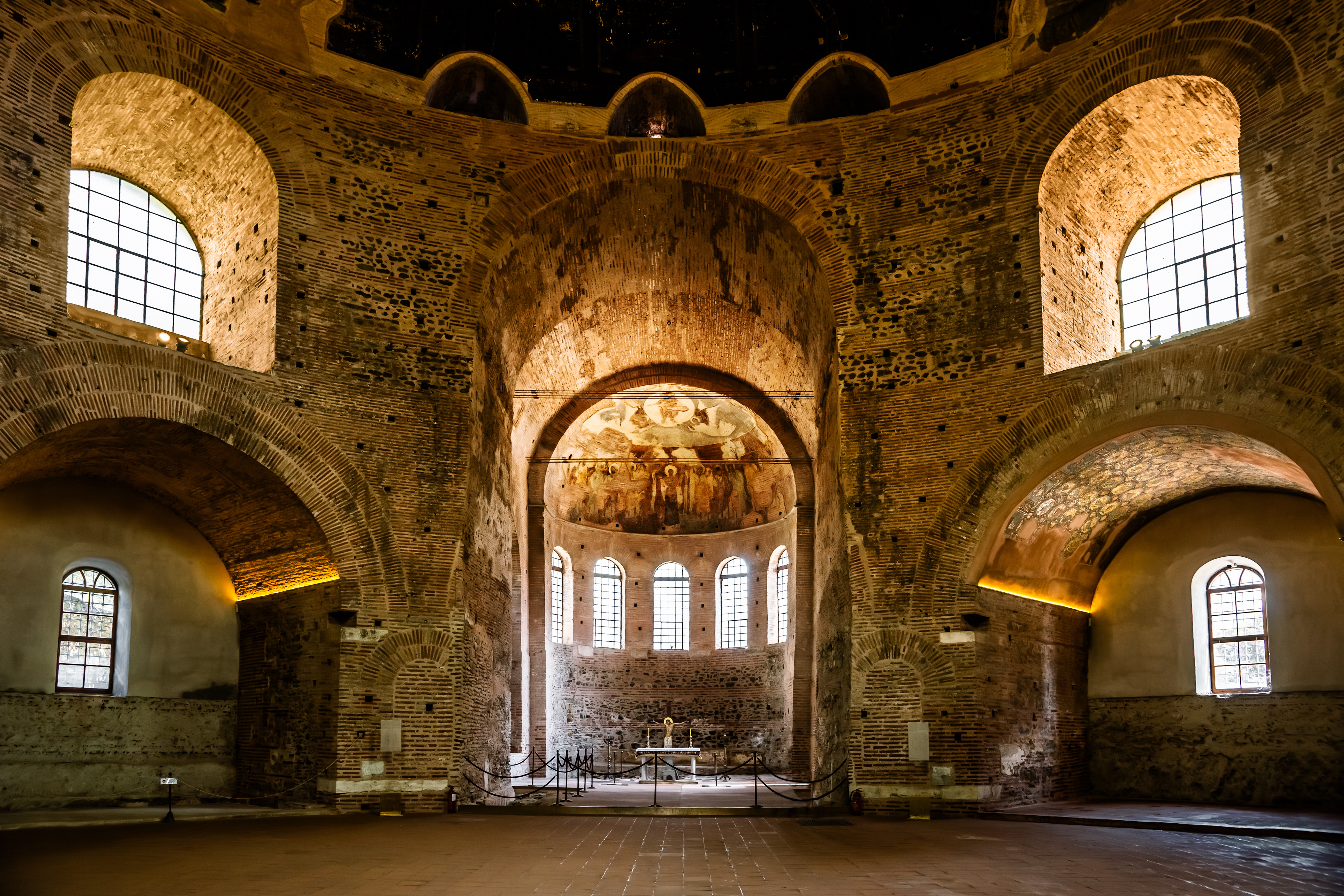 Interior dome and mosaic decorations inside the Rotunda Byzantine church in Thessaloniki.