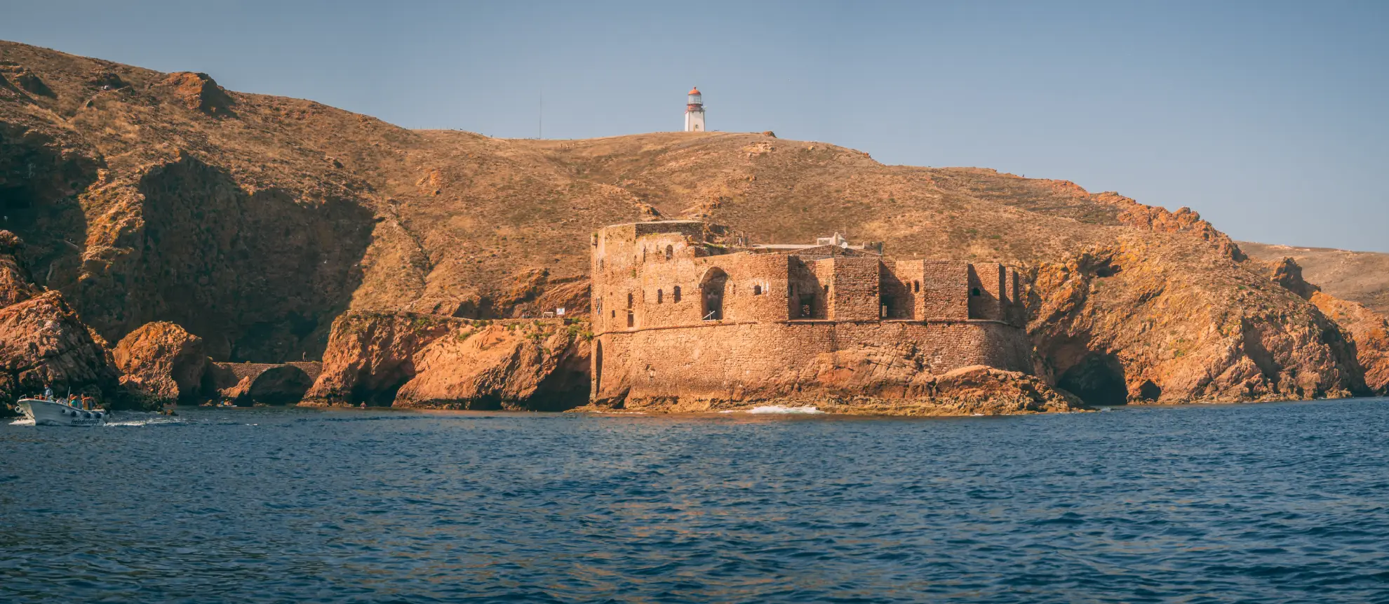 Stone causeway leading to Fort S&atilde;o Jo&atilde;o Baptista on Berlenga Grande island.