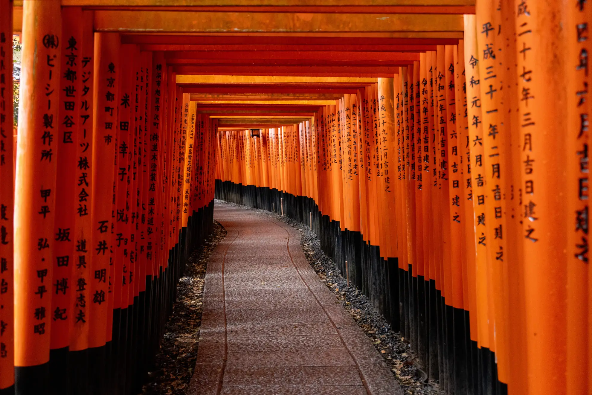 Vermillion torii gates creating a tunnel at Fushimi Inari Shrine, Kyoto.