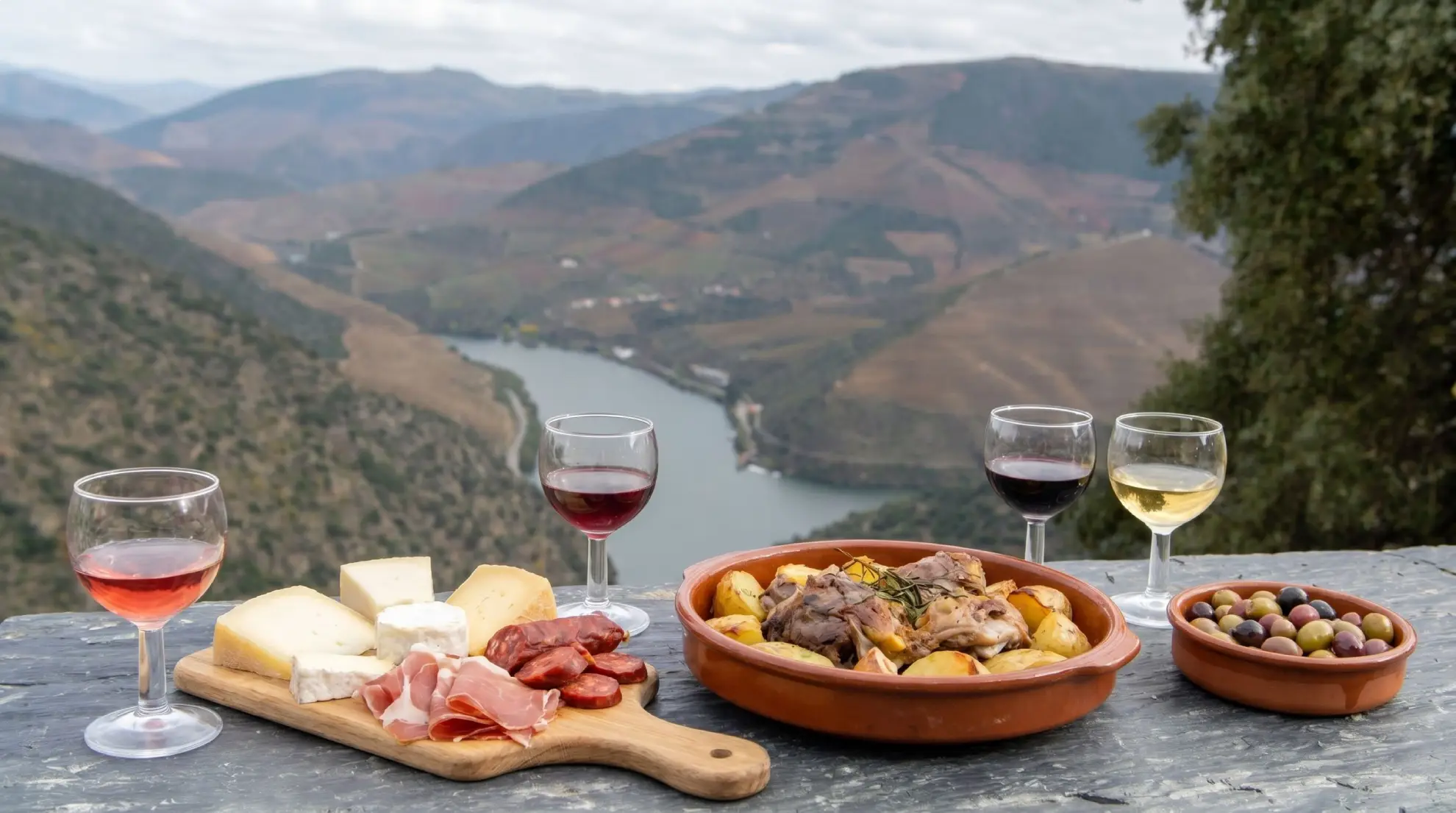Stone table set for lunch at Douro Valley quinta with terraced vineyards below.