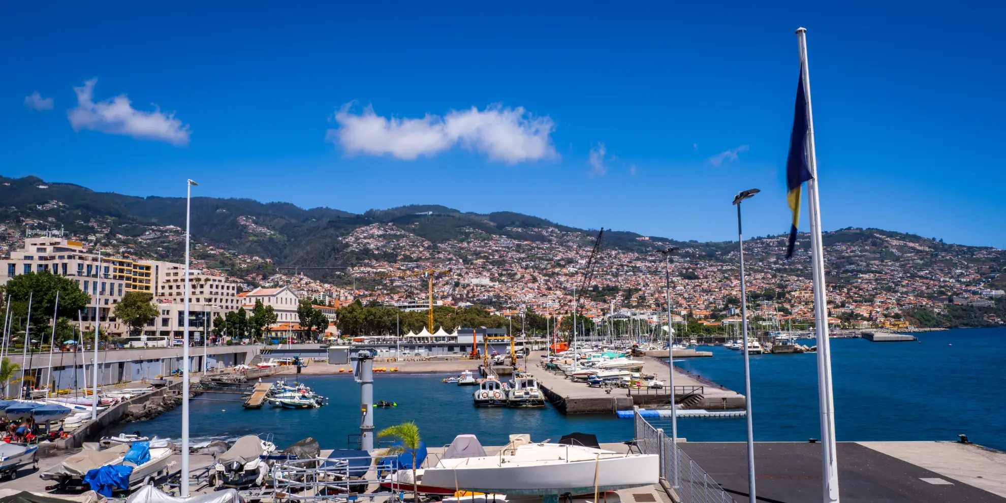 RIB zodiac and catamaran whale watching boats moored at Funchal Marina Madeira