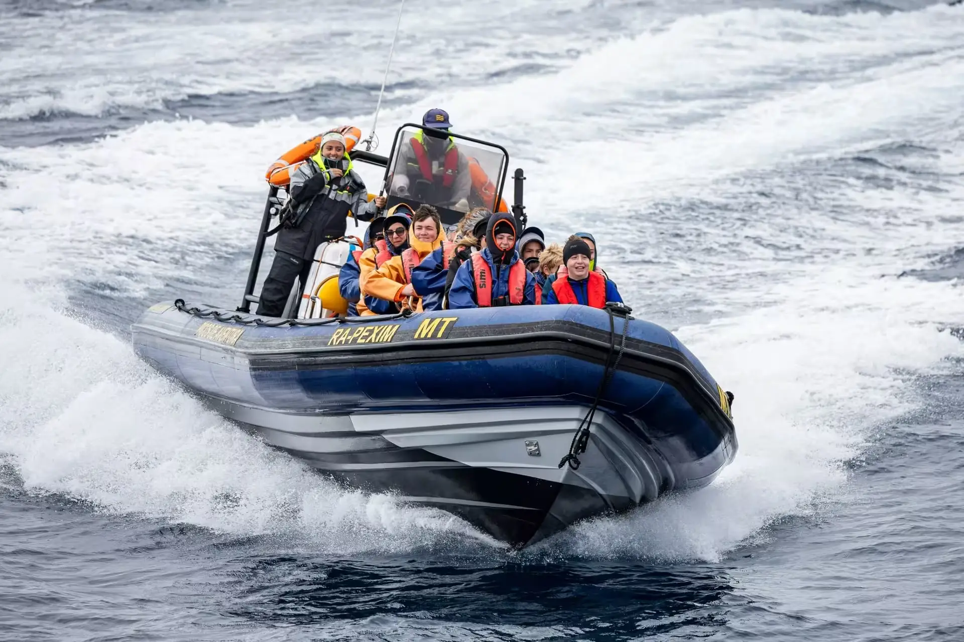 Zodiac whale watching boat speeding across Atlantic waters near S&atilde;o Miguel Azores