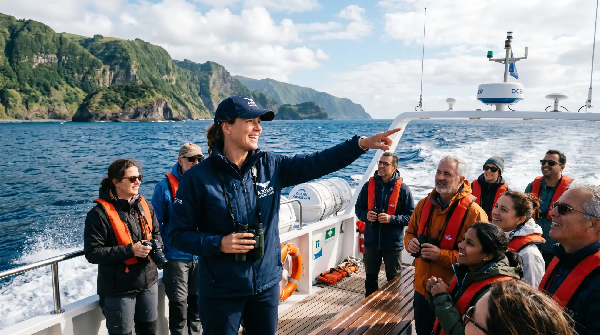 Marine biologist briefing passengers aboard a whale watching vessel in S&atilde;o Miguel.
